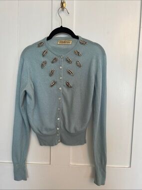 Vintage Hadley Cashmere Embellished Light Blue Crewneck Cardigan Sweater